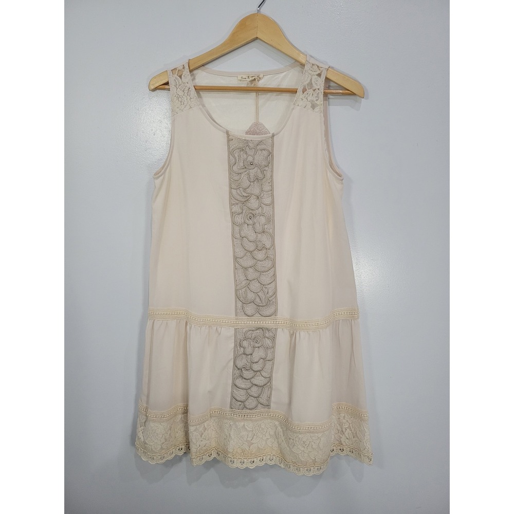 Hem & Thread Anthropologie Cream Lace Trim Embroidered Drop Waist Mini Dress Med
